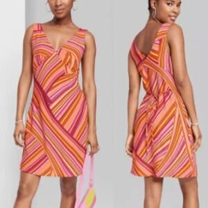 Wild Fable Striped Sleeveless V-Neck Slip Mini Dress Women's Size M Orange Pink